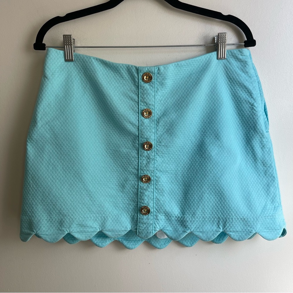 Lilly Pulitzer Kaylie Mini SKORT Blue Gold Buttons Turquoise Preppy Size 6